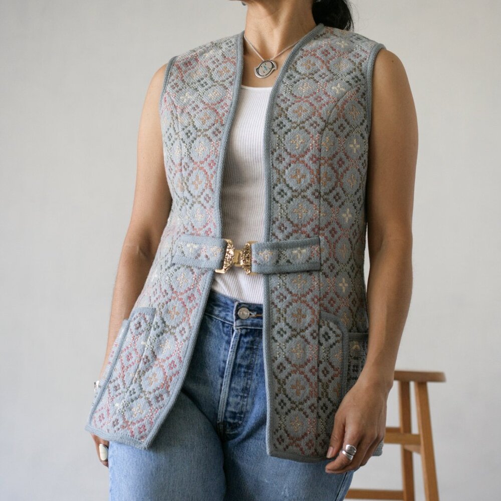 70's Welsh Handmade Woven Wool Folk Vest/Trefriw Woollen Mills LTD